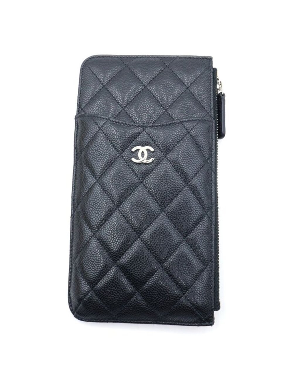 Chanel Phone Case Fragment Card Black Caviar Leather Silver